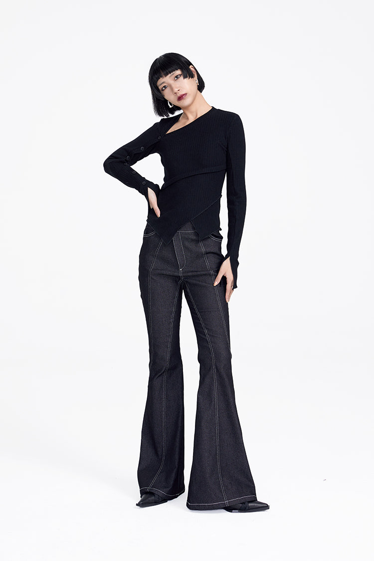 TINY IN button sleeve asymmetric knit women's black top-TAKA