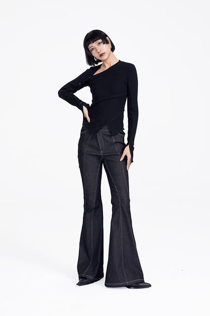 TINY IN button sleeve asymmetric knit women's black top-TAKA