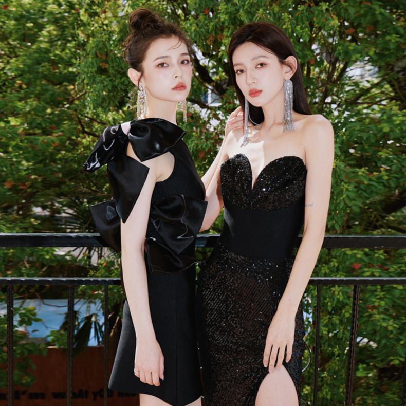 DOLLY High End Black Sleeveless Bow Off Shoulder Slim Fit Short Chic Date Dress-JUNEY