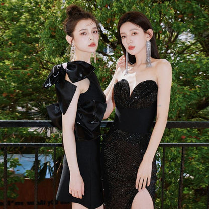 DOLLY High End Black Sleeveless Bow Off Shoulder Slim Fit Short Chic Date Dress-JUNEY