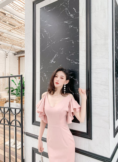 DOLLY Luxury Pink French Style V-Neck Ruffle Sleeve Long Wedding Guest Dress-MARON