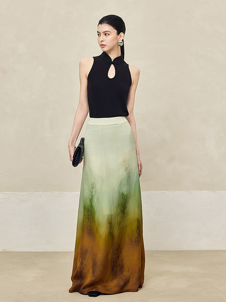 HECO Blended Chiffon Drape A-line High waist Yellow Green Thin Skirt Women - DEPTH.