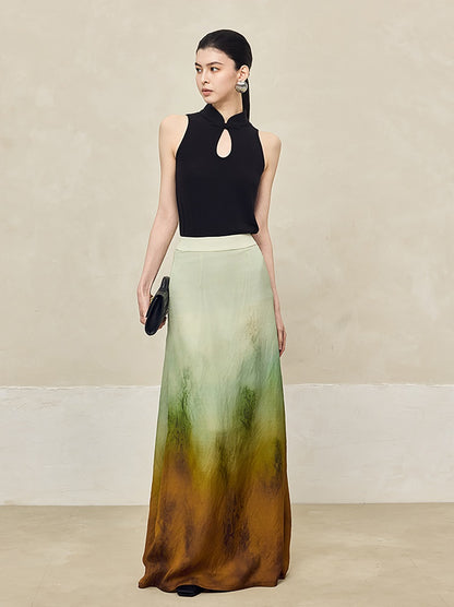 HECO Blended Chiffon Drape A-line High waist Yellow Green Thin Skirt Women - DEPTH.