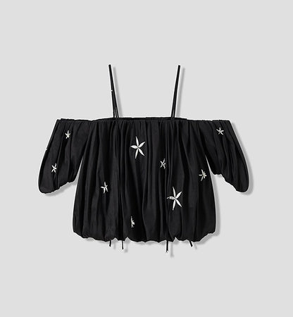 COMME MOI beaded embroidered suspender off-shoulder crop top - SUTTON.
