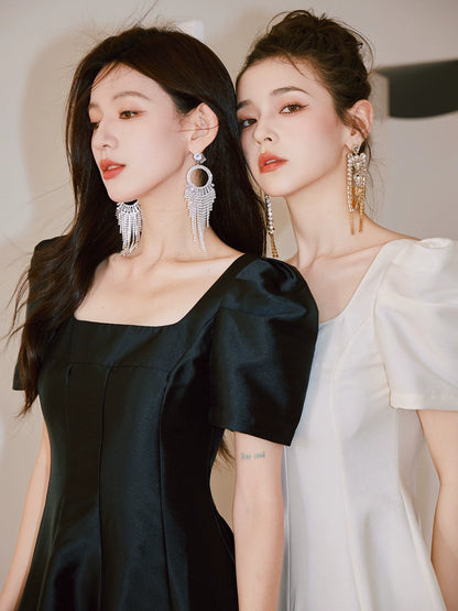 DOLLY Elegant Retro Square Neck Short Puff Sleeve Satin Long A-Line Dress-BAMBI