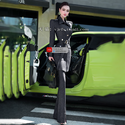 VJE slim trench coat jacket micro flared pants two-piece outfit set-YAN.