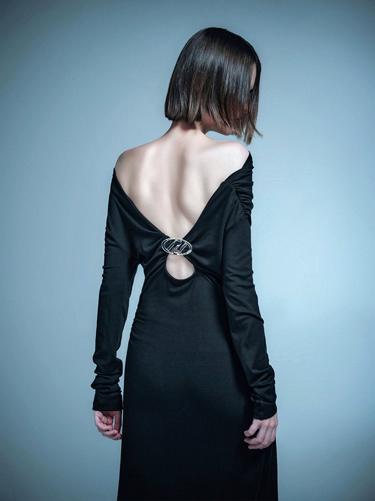 ANNAKIKI  Designer Vertical Back Cut-out Pleated One-Line Neck Dress-MIU