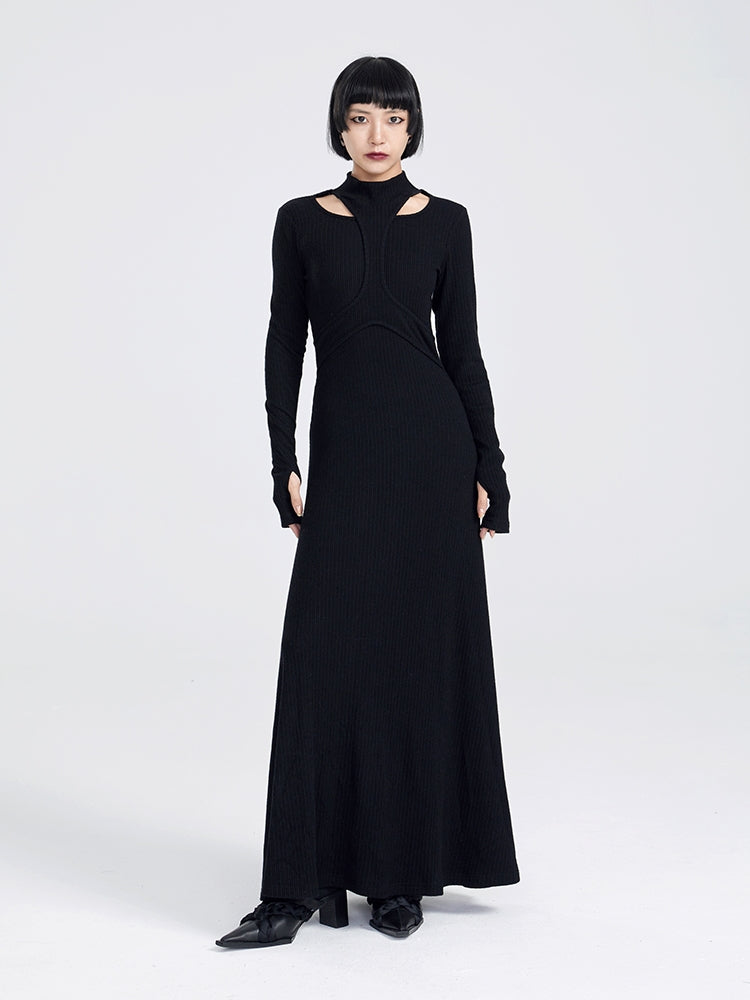 TINYIN slim swing maxi knit dress with cut-out stitching -KOKO