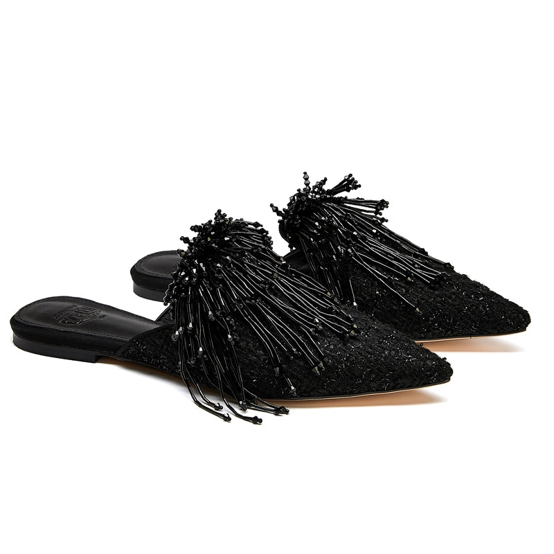 B-FEI imported woolen handmade beaded black plus-size mules-BITC.