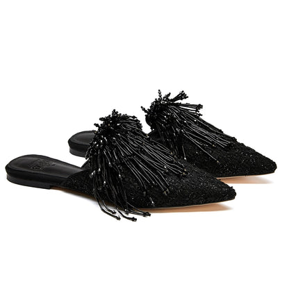 B-FEI imported woolen handmade beaded black plus-size mules-BITC.
