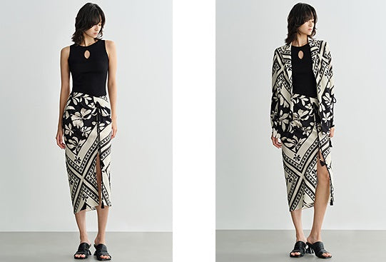 COMME MOI  black and white printed slit hip skirt - JENIFER.