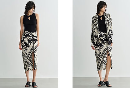 COMME MOI  black and white printed slit hip skirt - JENIFER.