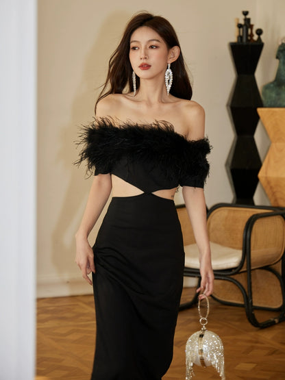 DOLLY Luxury Black Feather Tube Top Waist Baring Slim Fit Long Cocktail Dress-JAJA
