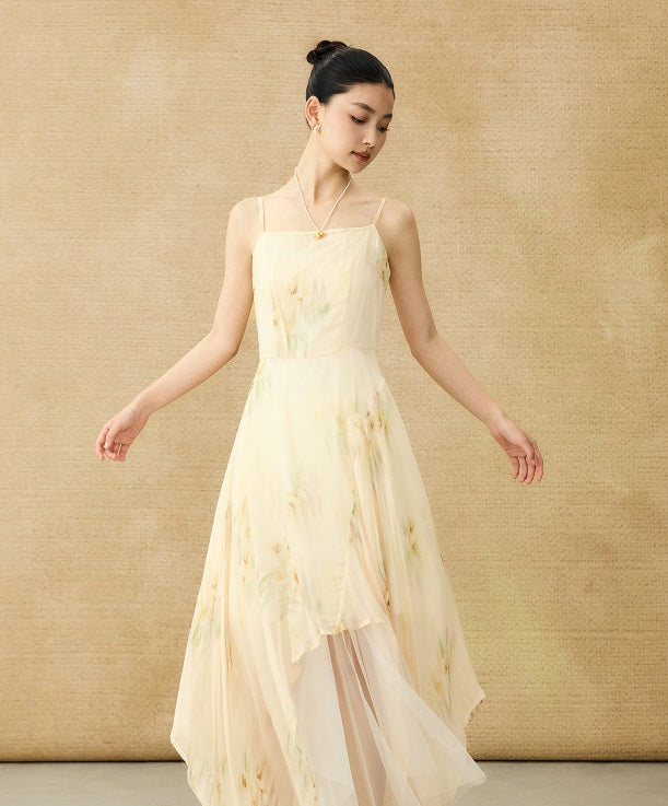 HECO Chinese Style Silk Chiffon Slip Summer Water Ripple Print Long Skirt - PEKKER.