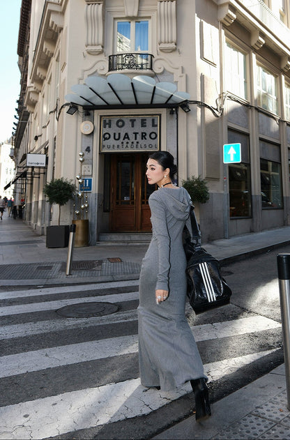 MEI SANGUAN gray hooded long-sleeved mermaid dress - GRAHAM