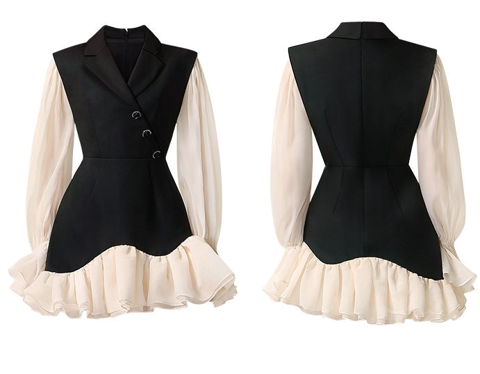 CHECOCRE Elegant Ruffle Contrasting Design Black Suit Dress- EDNA