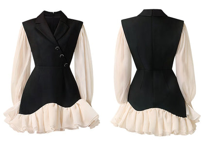 CHECOCRE Elegant Ruffle Contrasting Design Black Suit Dress- EDNA