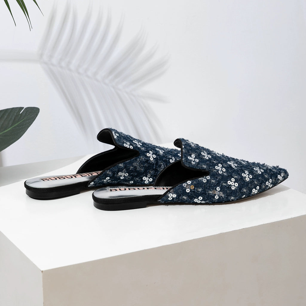 B-FEI'S Denim Sequin Pointed Toe Casual Flat Mules-MATT.