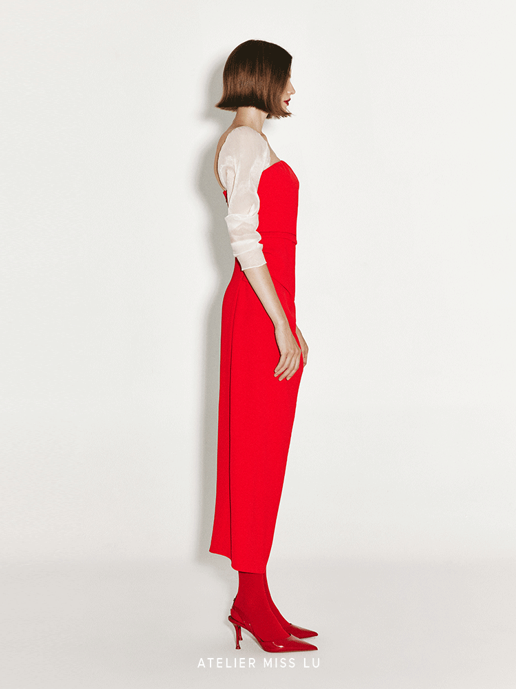 ATELIER MISS LU Irregular Pleated Bandeau Sleeve Dress - VEGA.