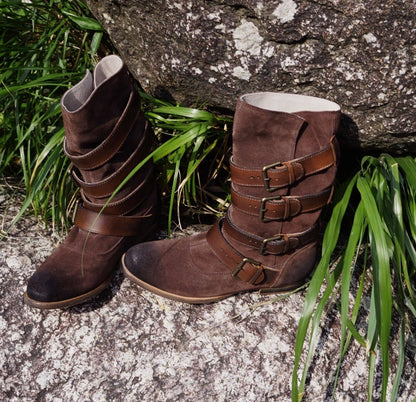 B-FEI Vintage Belt Buckle Denim Stack Boots- OKRE.