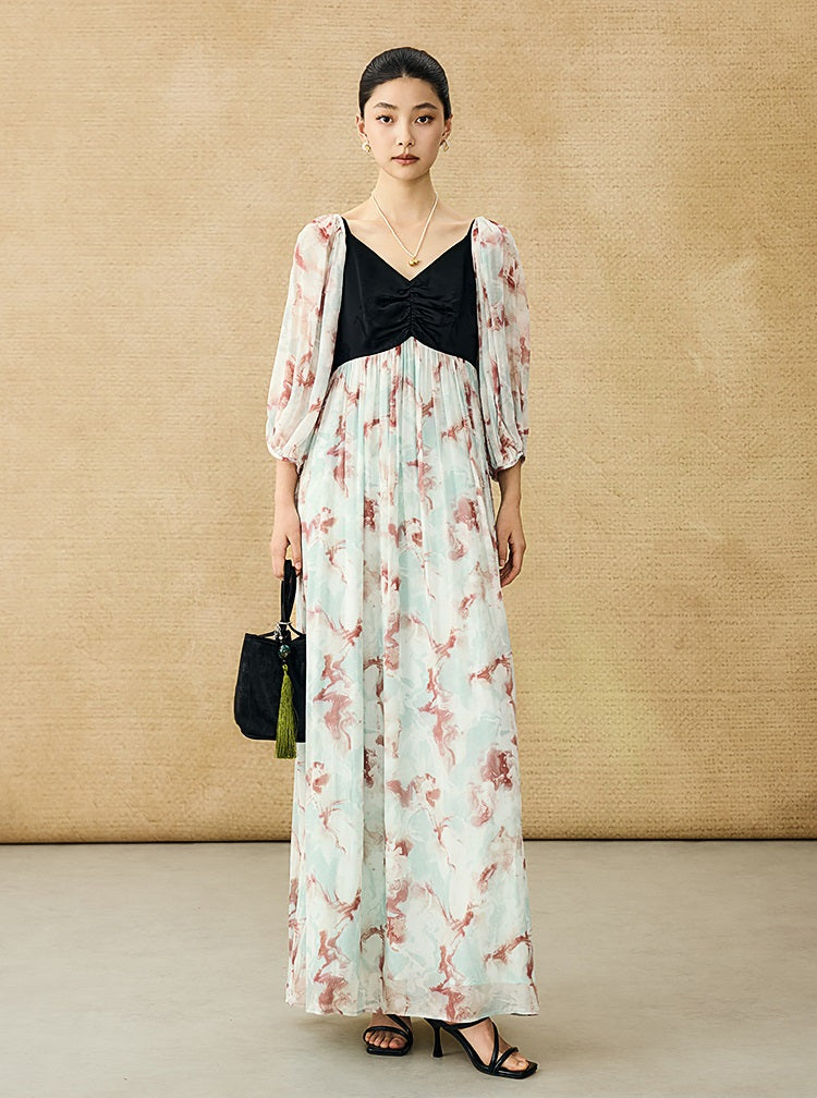 HECO Chinese V-neck camisole chiffon print long dress - BUSE.