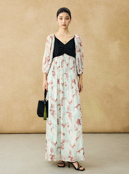 HECO Chinese V-neck camisole chiffon print long dress - BUSE.