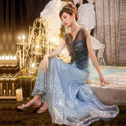 DOLLY Elegant Gradient Blue Sleeveless Off Shoulder Sequin Dress-SANDY