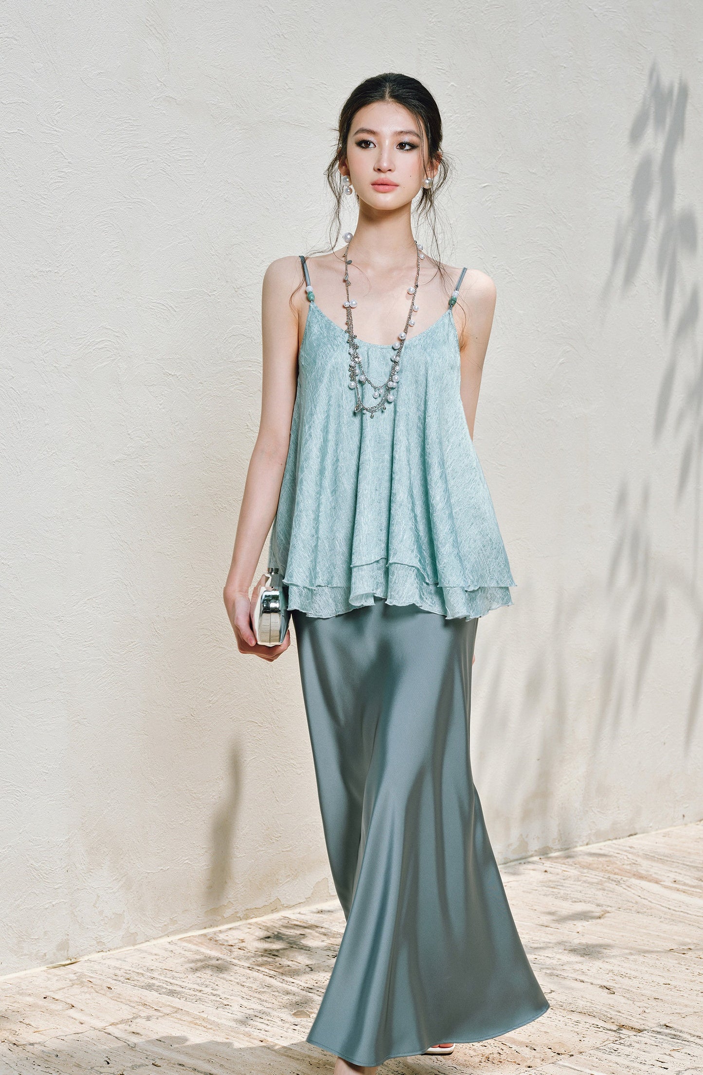 WANGXO | Silky Smooth Double-Sided Satin Top Glass Beaded Umbrella Hem Suspender Skirt Set -ELVA