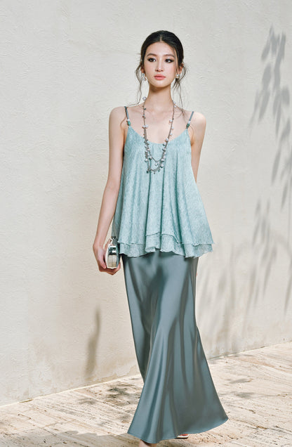 WANGXO | Silky Smooth Double-Sided Satin Top Glass Beaded Umbrella Hem Suspender Skirt Set -ELVA