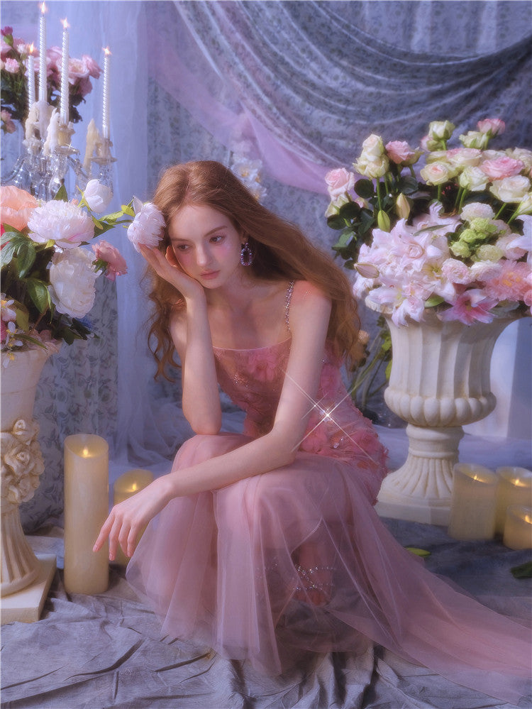 Wardrobes by Chen High End Pink Sleeveless Flower applique Sequin Dress-Bena