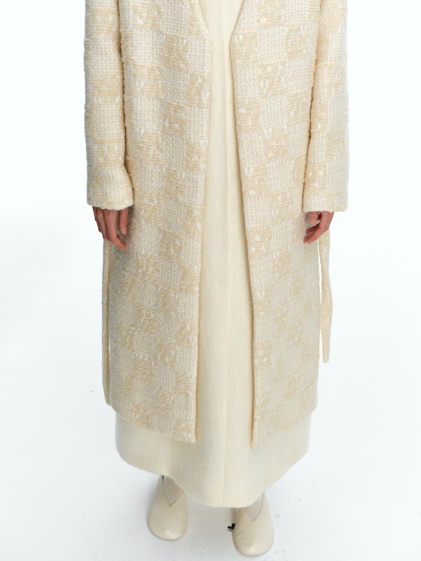 SERRER Beige roving texture weave style lace-up wool coat - FATIMA.