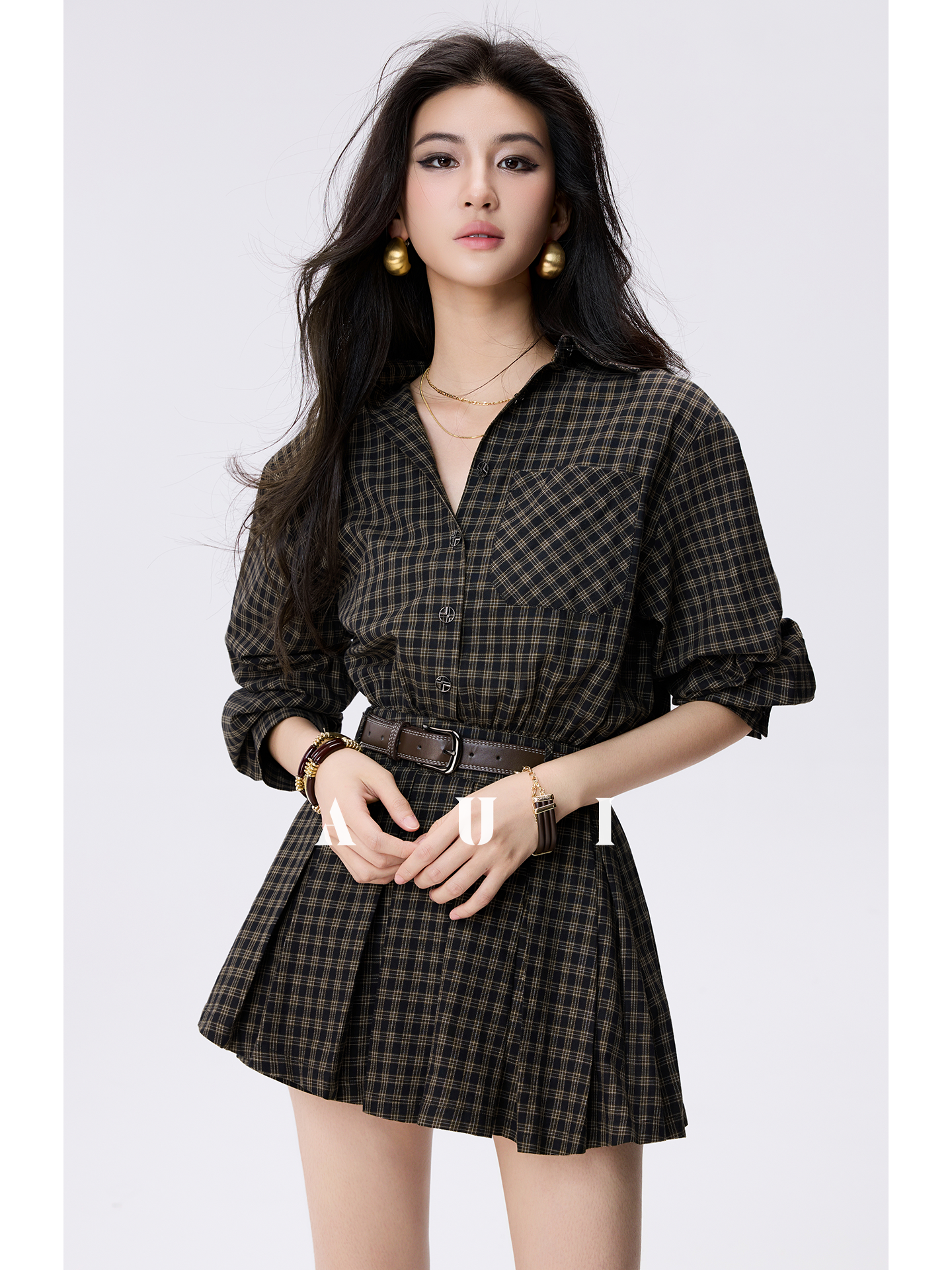 AUI Celebrity Temperament Plaid Shirt Slim POLO Dress - Ga-Ram