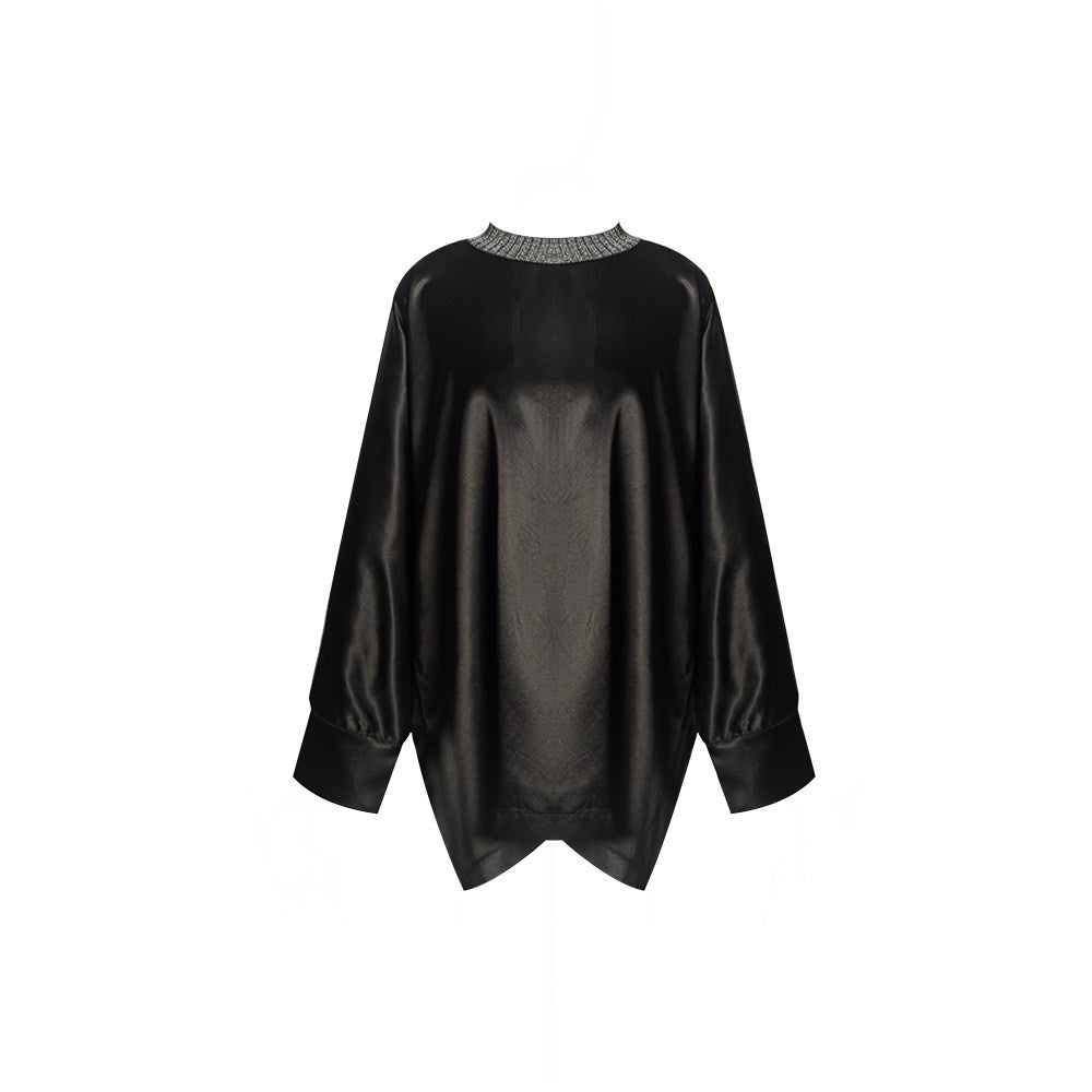 TUYUE Knit Collar Black Acetate Satin Silhouette Top - ARCHER.