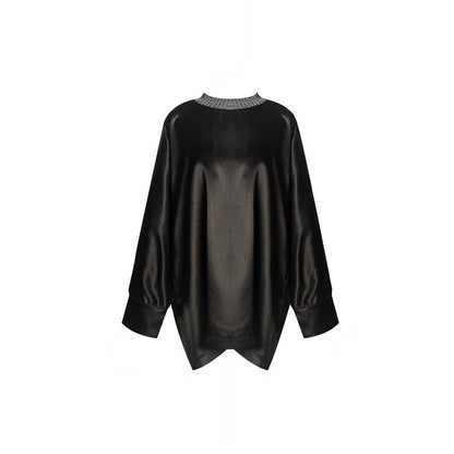 TUYUE Knit Collar Black Acetate Satin Silhouette Top - ARCHER.