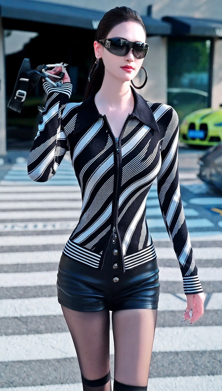 VJE Stripe Knitted Cardigan Age-Reducing Contrast Sweater Jacket-NIN.