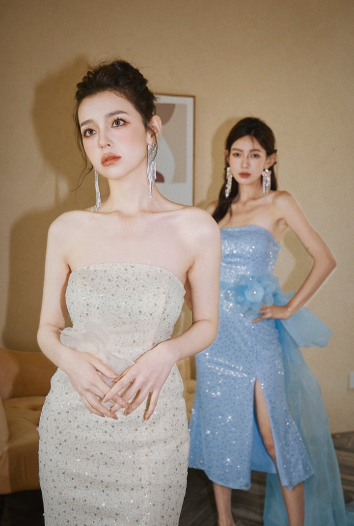 DOLLY Elegant Blue Flower Ribbon Tube Sequin Fish Tail Dinner Dress-LONE