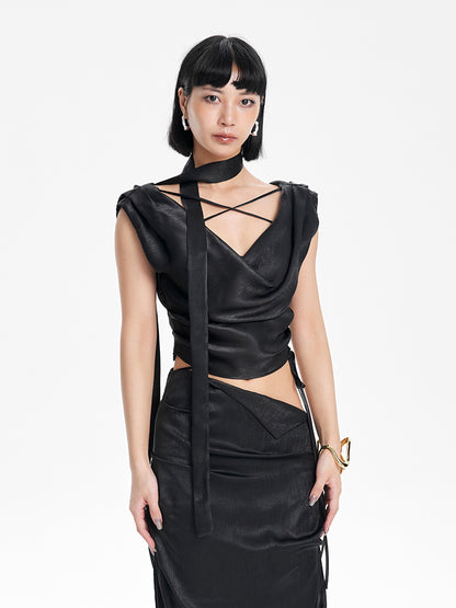 TINY IN Irregular Streamer Swing Neck Pleated Top - OSCA