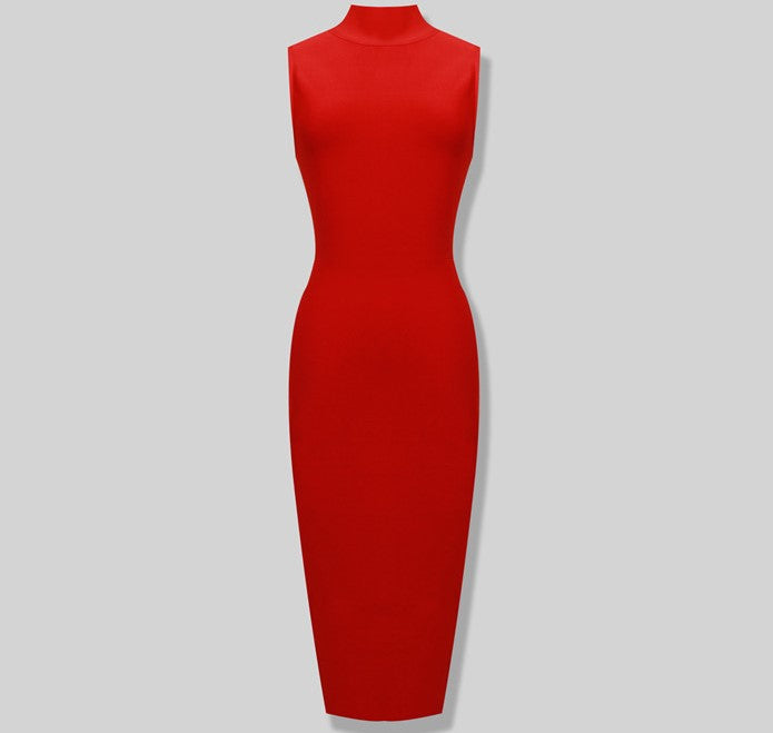 DOLLY High End Stand Collar Sleeveless Slim Fit Bandage Midi Dress-KYA