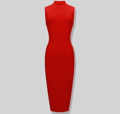 DOLLY High End Stand Collar Sleeveless Slim Fit Bandage Midi Dress-KYA