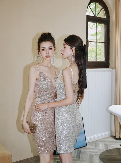 DOLLY Elegant Deep V-Neck Sleeveless Sequin Long Slim Fit Evening Dress-IVONNE