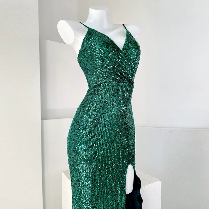 DOLLY Elegant Sleeveless V-Neck Sequin Slim Fit Slit Long Fishtail Cocktail Dress-ERIKA