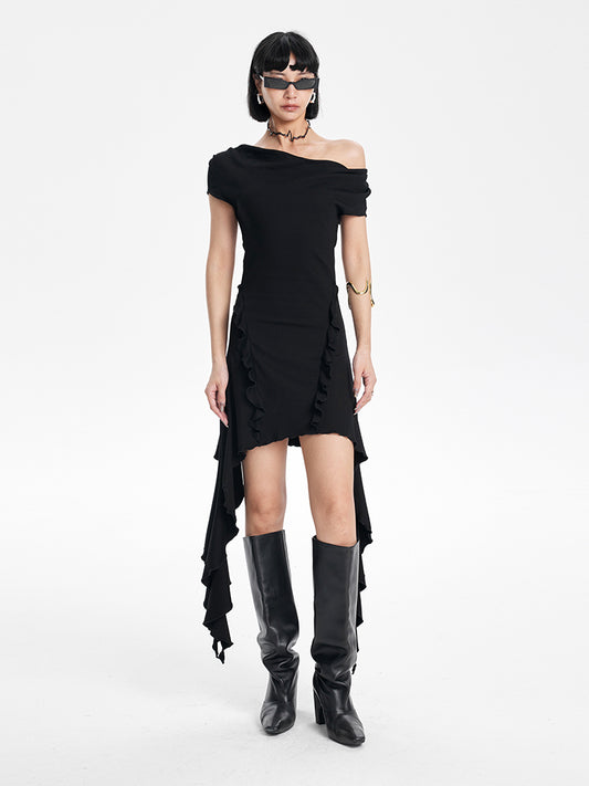 TINY IN off shoulder irregular hems ruffles streamers black dresses-KIMO