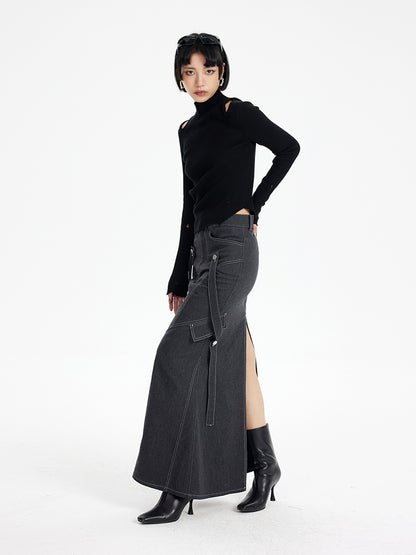 TINY IN imitation denim  lace high waist slit fishtail skirt-COCO
