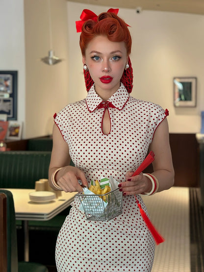 Le Palais Vintage  Elegant Red and White Polka Dot Slim Hong Kong Style Fishtail Dress-KONG