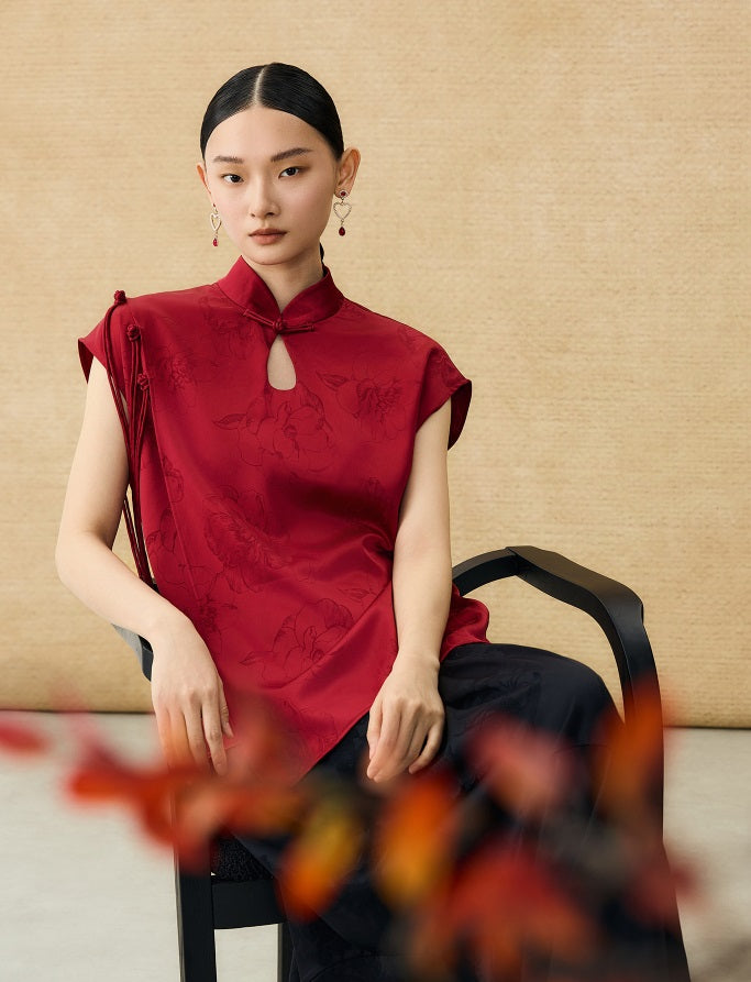 HECO Chinese Peony Buckle Short Sleeve Acetate Tassel Top - TEACH .