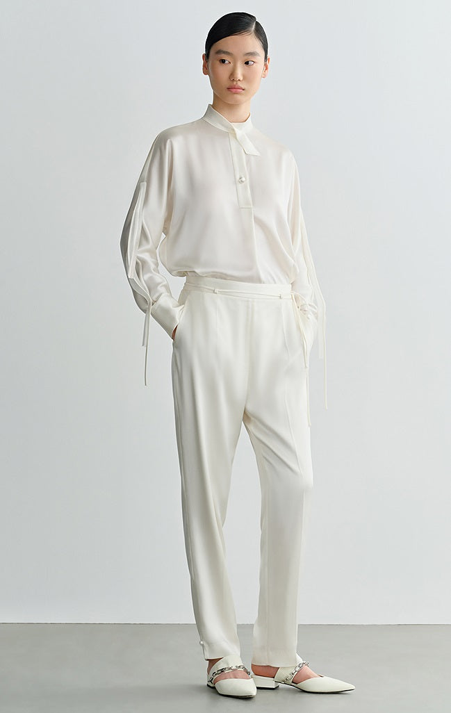 COMME MOI Lv Yan Designer Summer Women's Half Placket Gauze Strip satin  Top - REMI.