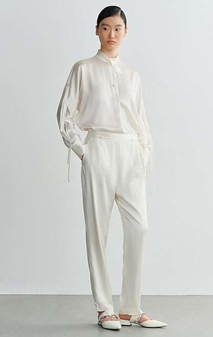 COMME MOI Lv Yan Designer Summer Women's Half Placket Gauze Strip satin  Top - REMI.