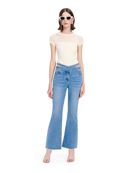 YES BY YESIR |  Deconstructed Waistband Bootcut Jeans -RENELLE.