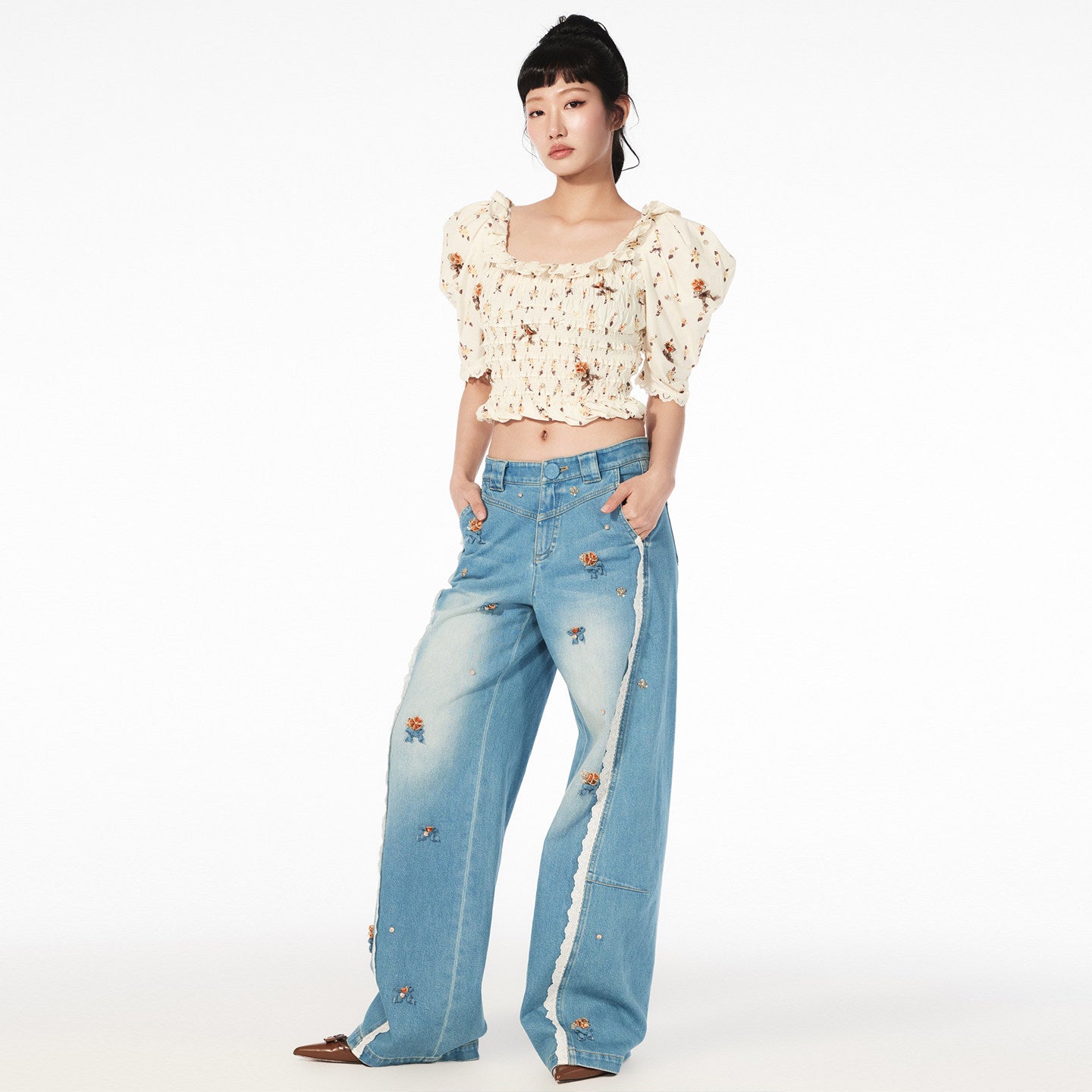 FAME Pastoral Print Beaded Court Short Slim Top - AVA