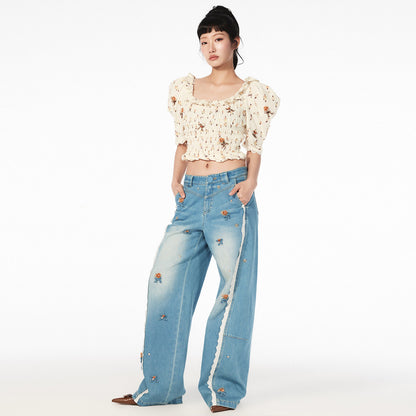 FAME Pastoral Print Beaded Court Short Slim Top - AVA